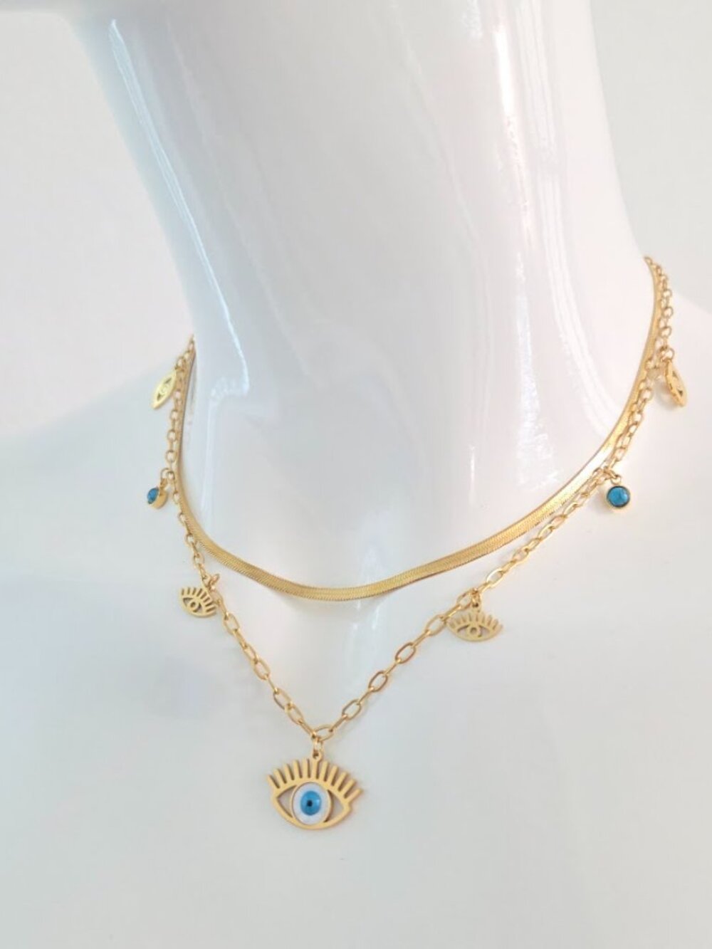 Gold Layered Evil Eye Necklace with Blue Eye Charms & Snake Chain - Picture 8 of 12